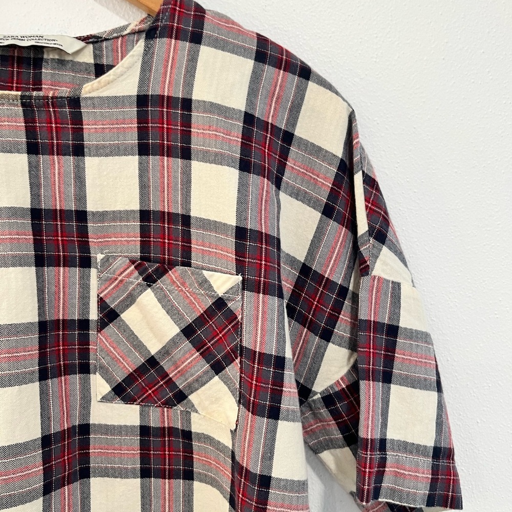 ZARA plaid short sleeve holiday top with side button detail size XS - Picture 6 of 9